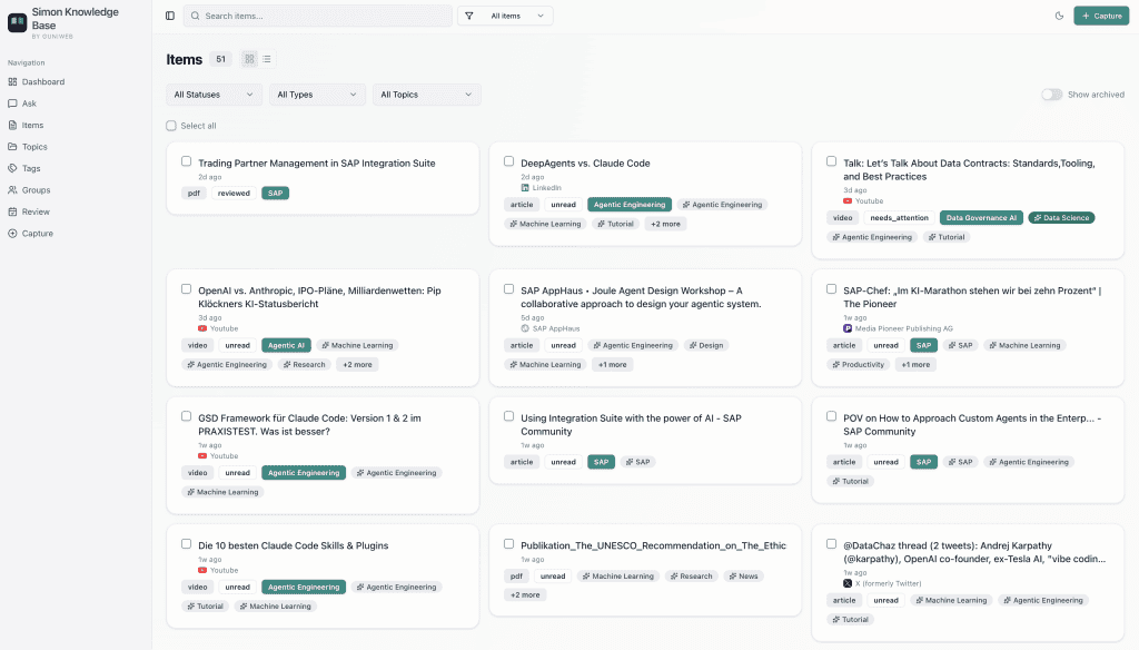 Simon Knowledge Base — Items-Übersicht