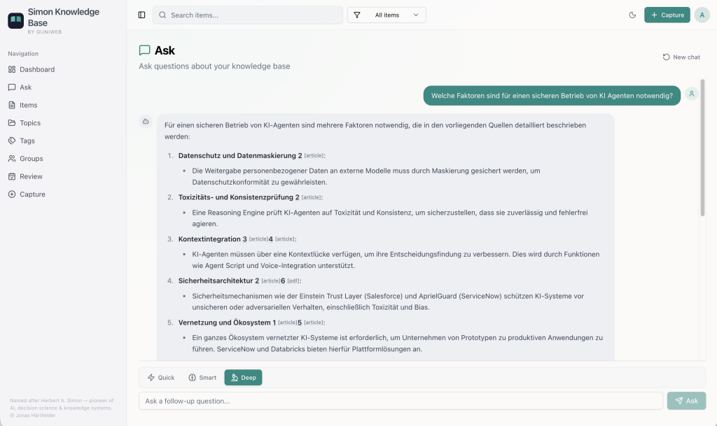 Simon Knowledge Base Benutzeroberflaeche — KI-gestuetzte Wissensplattform fuer Unternehmen