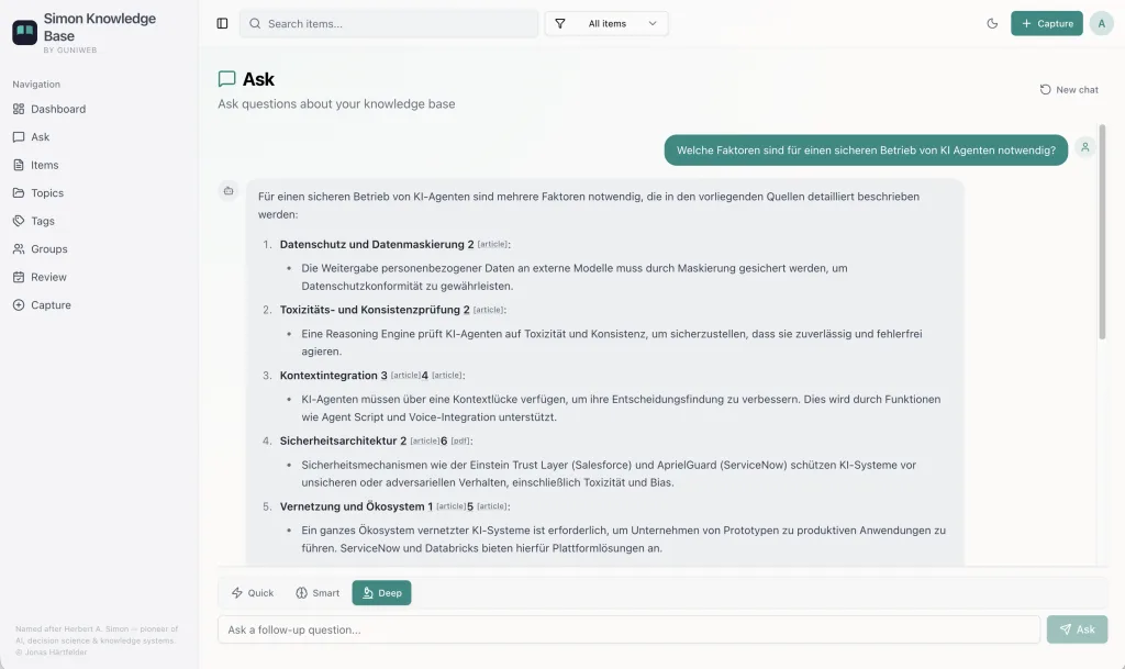 Simon Knowledge Base Benutzeroberflaeche — KI-gestuetzte Wissensplattform fuer Unternehmen