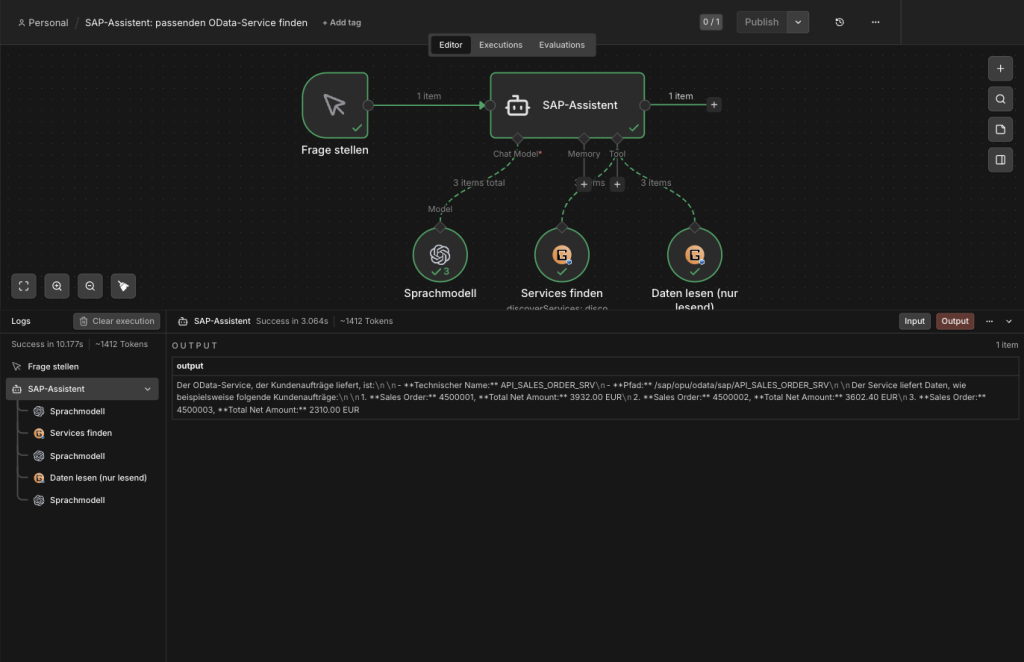 n8n-Workflow: KI-Agent nutzt den GuniWeb-SAP-Node als Werkzeug, um den passenden OData-Service zu finden und lesend zu prüfen
