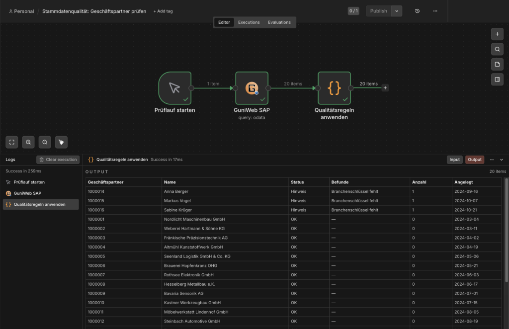 n8n-Workflow: Geschäftspartner aus SAP S/4HANA lesen und regelbasiert auf Stammdatenqualität prüfen
